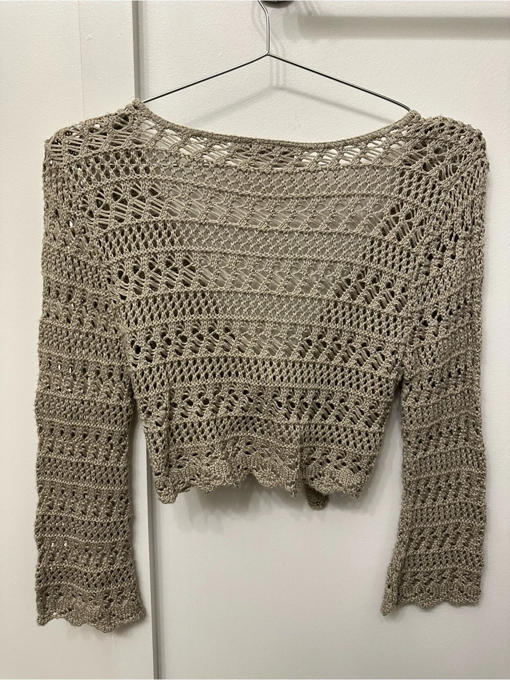 Y2K “Say What?” Crochet Tie-Front Cardigan in Taupe - Picture 7 of 7